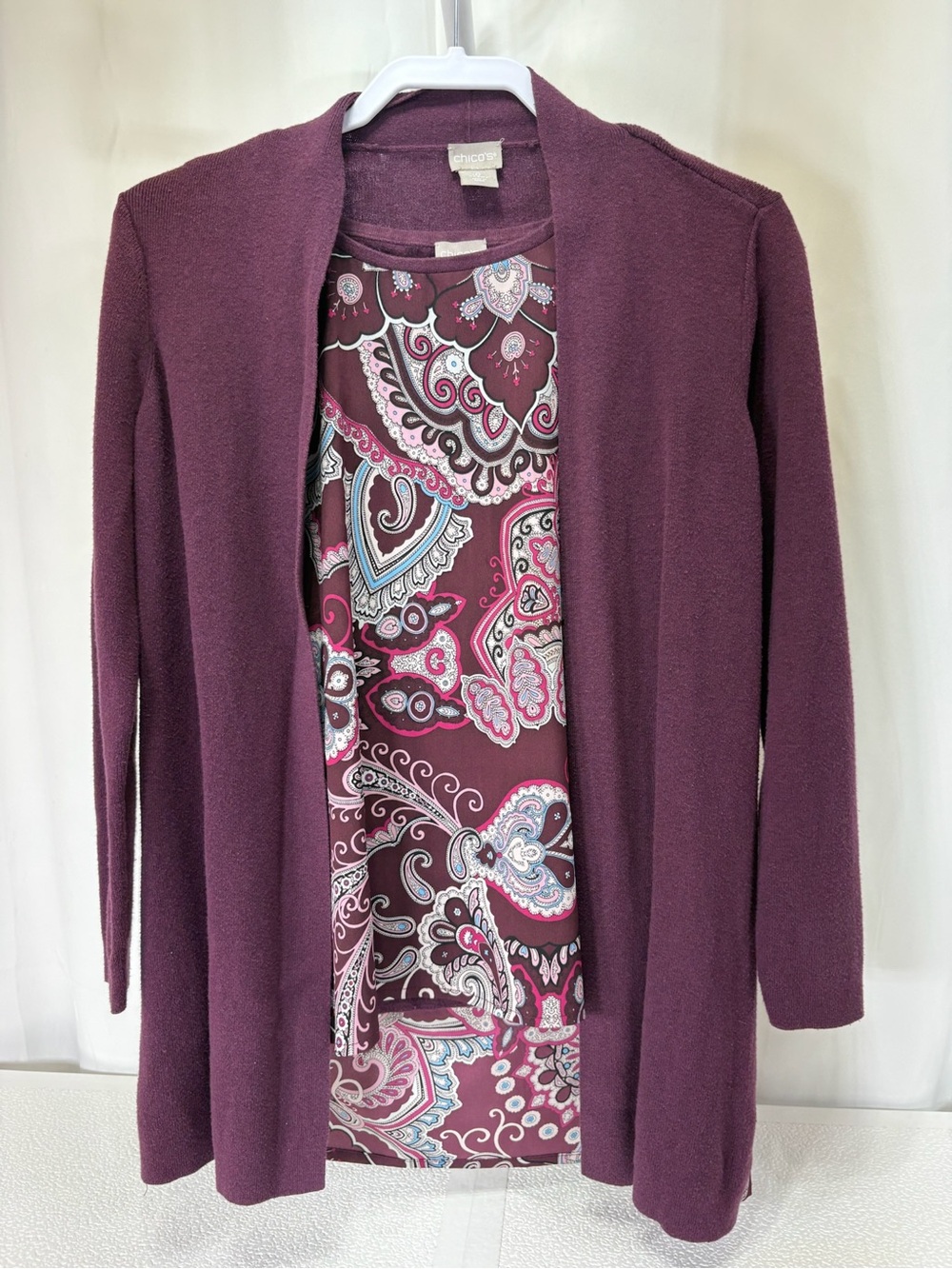Chico's Plum Open Cardigan with Paisley Shell 4186